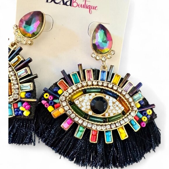 Colorful Beaded & Crystal Evil Eye Earrings w/fringe - Picture 3 of 3